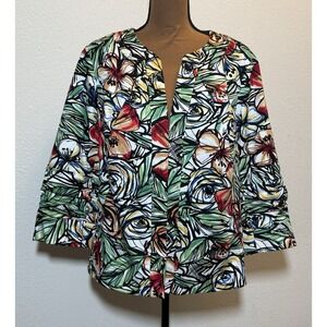 Coldwater Creek 3/4 Ruched Sleeve Colorful Floral/Tropical Lined Jacket Size 16